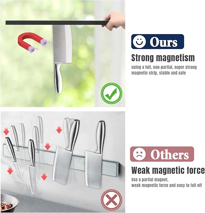 Dmore magnetic knife holder for wall—with 3 hooks, No Drilling 16 Inch black knife magnetic strip, Powerful knife magnet rack, include Adhesive Tape and screws for Knives, Utensils, and Tools-Ruum Studio Home