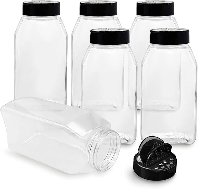 ROYALHOUSE 6 PACK 32 Oz with Black Cap, Plastic Spice Jars Bottles Containers, Perfect for Storing Spice, Herbs and Powders, Lined Cap, Safe Plastic, PET, BPA free, Made in the USA-Ruum Studio Home