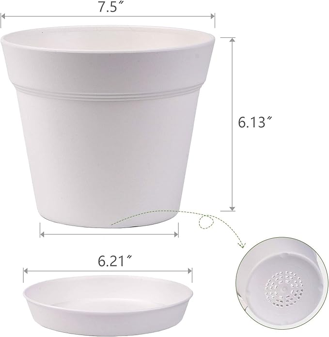 homenote Pots for Plants, 8 Pcs 7.5 Inch Plastic Planters with Multiple Drainage Holes and Tray - Plant Pots for All Home Garden Flowers Succulents, Cream White-Ruum Studio Home
