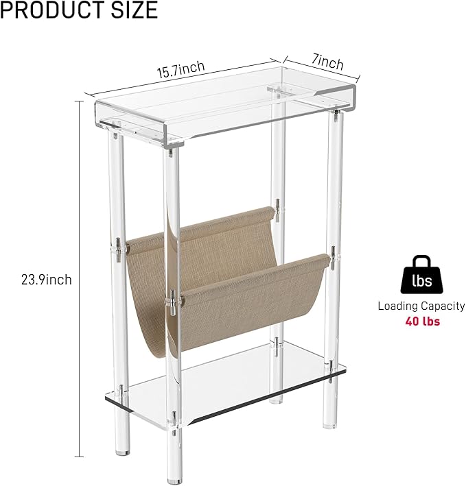 Eglaf Acrylic Narrow Side Table for Small Spaces - Slim End Table with Magazine Holder - Skinny Side Table Small Bedside Table Nightstand for Living Room Bedroom- 15.7” L x 7” W x 23.9” H, Clear-Ruum Studio Home