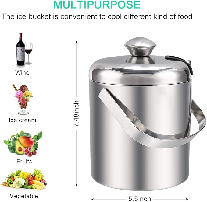 Sailnovo Ice Bucket, Double-Wall Stainless Steel Insulated Ice Buckets With Lid and Ice Tong, Ideal for Cocktail Bar, Parties, Chilling Wine, Champagne - 1.2 Liter Ice Container-Ruum Studio Home