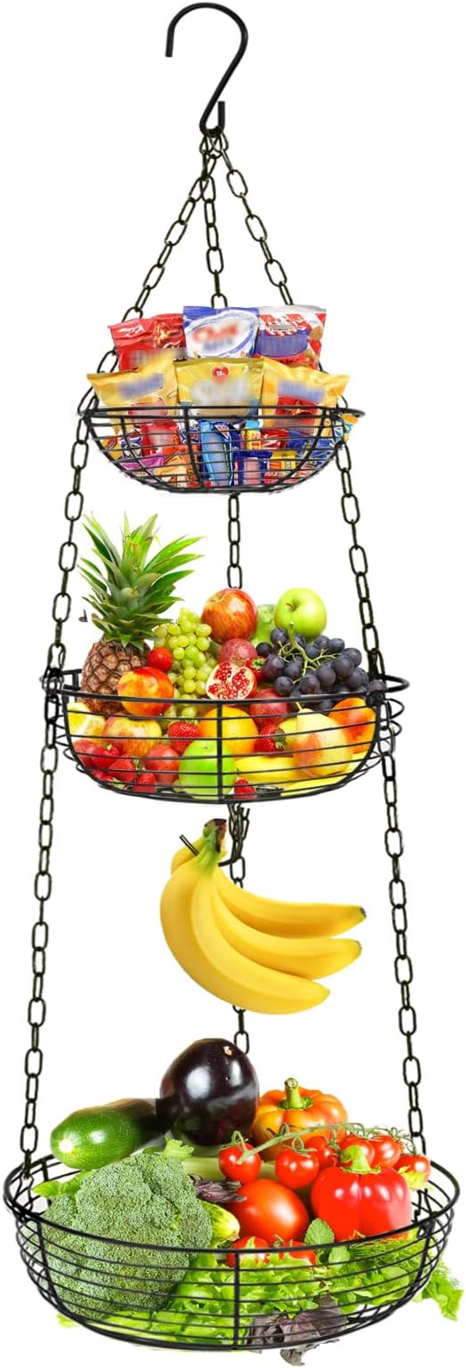 HULISEN 3 Tier Hanging Fruit Basket with Banana Hook, Heavy Duty Wire Hanging Baskets for Kitchen Storage, 36 Inch Hanging Vegetable Produce Basket Organizer (Including Installation Bracket)-Ruum Studio Home