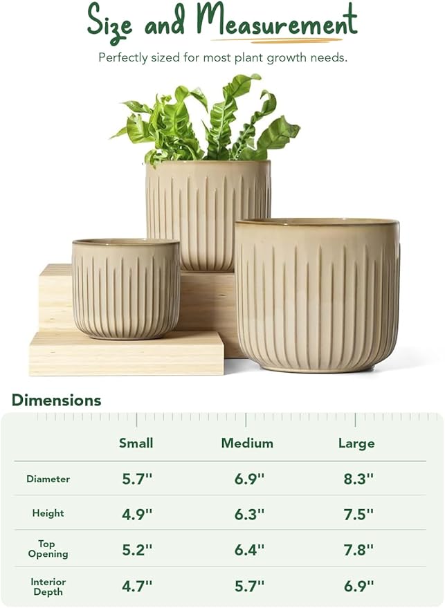 LE TAUCI Fluted Ceramic Planters Set of 3 – 8.3/7 / 5.7 in Cloud Cream Reactive Cylinder Indoor Plant Pots with Drainage Plug & Mesh, Glossy Stoneware Flower Pots for Succulents Herbs-Ruum Studio Home