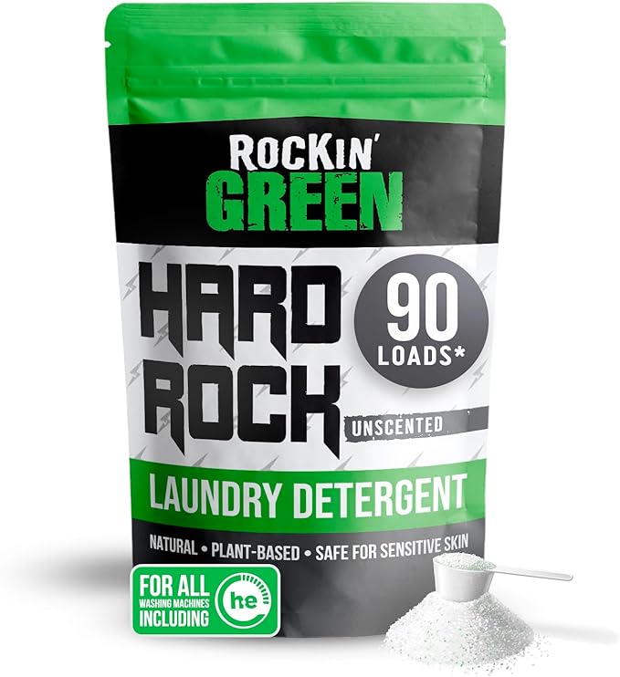 Rockin' Green Hard Rock Laundry Detergent for Hard Water (90 Loads), Plant based, Natural Laundry Detergent Powder, Biodegradable Odor Fighter, Safe for Sensitive Skin, 45 oz (Unscented)-Ruum Studio Home