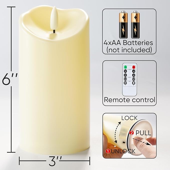 Homemory 6”x3” Outdoor Waterproof Flameless Candles, LED Candles, Battery Operated Candles with Remote and Timers, Electric Fake Plastic Pillar Candles,Dark Ivory, Set of 2-Ruum Studio Home
