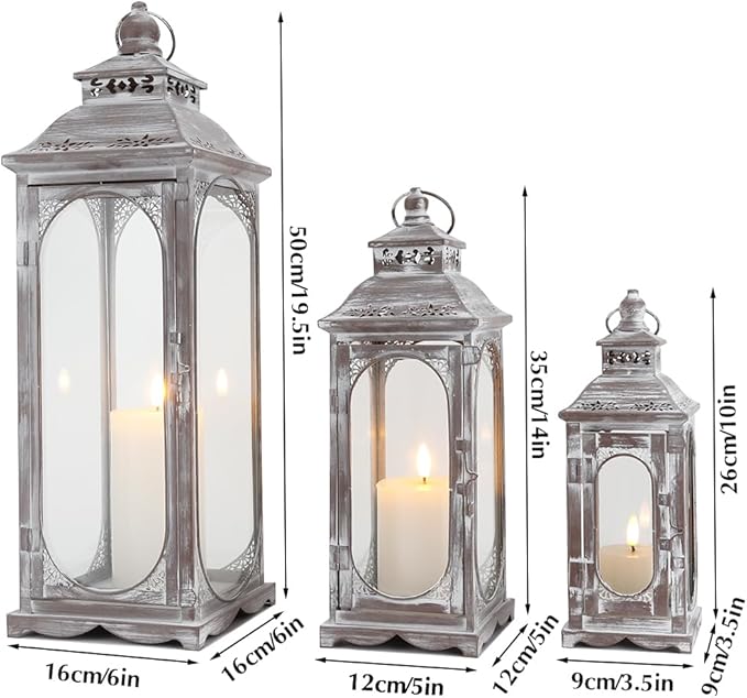 TRIROCKS Set of 3 Vintage Candle Lanterns 10/14/19.5''H Decorative Outdoor Lantern Metal Candle Holder with Tempered Glass for Home Living Room Garden Yard Parties Event Indoors Outdoors (Cement Grey)-Ruum Studio Home