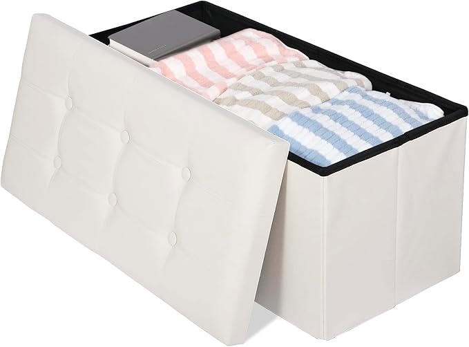 SUPER DEAL Folding Storage Ottoman Bench, Waterproof Faux Leather Ottoman Padded Seat Footrest Bench for Living Room, Bedroom, Entryway, Small Spaces, 15 x 30 x 15 inches, Creamy White-Ruum Studio Home
