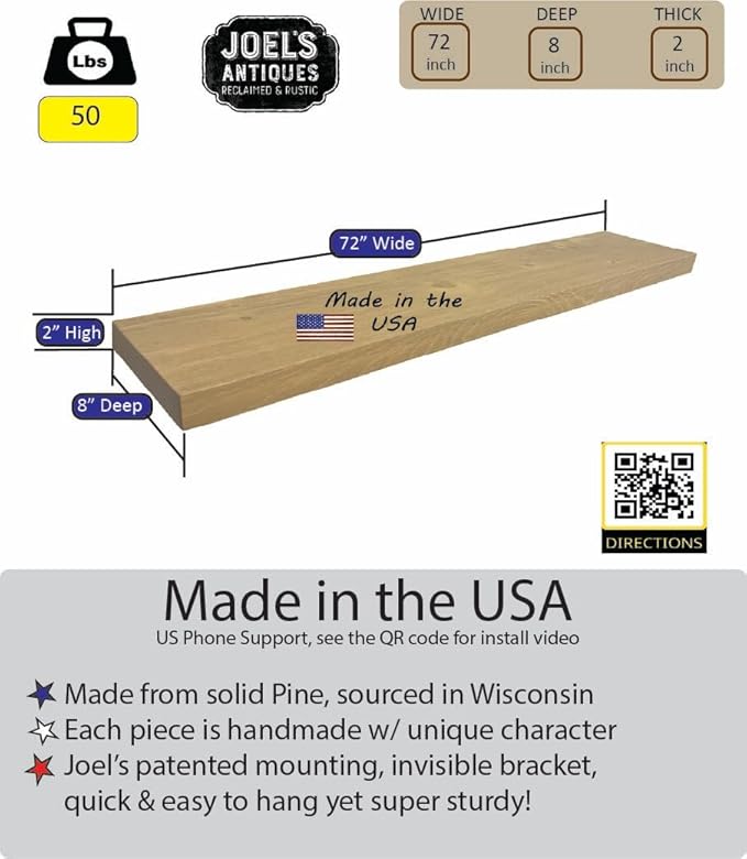 joelsantiques - 72 Inch Wooden Floating Shelves for Wall - 72x8x2 in - Made of Natural Wood - Long FWall Shelves for Bedroom - Perfect for Living Room, Kitchen - Made in USA - Beige-Ruum Studio Home