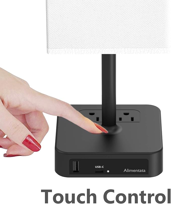 Bedside Table Lamp with Touch Control & USB C+A Charging Ports LED Desk Lamp with 2 AC Outlets, Minimalist Nightstand Light with Black Fabric Shade for Bedroom, Living Room, Office, White-Ruum Studio Home