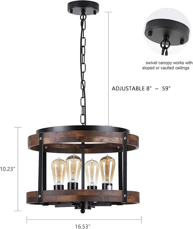 4-Light Large Rustic Farmhouse Wood Pendant Light Fixture with Adjustable Chain, 16.5 inch Oak Wood Drum Chandelier for Dining Room Kitchen Island Farmhouse Living Room Hallway, Black-Ruum Studio Home