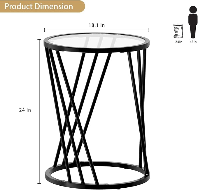 Round Side Table, Modern End Tables for Living Room Office Small Spaces, Glass Black End Table with Metal Frames, Nightstand for Bedroom, Bedside Furniture, Easy Assembly-Ruum Studio Home