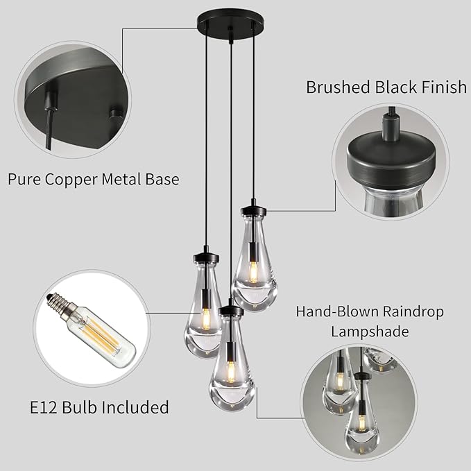 Bronze 3 Light Pendant Lighting, Raindrop Pendant Lights, Black Adjustable Hanging Rope Cluster Pendant Lighting Over Kitchen Island, Teardrop Glass Chandelier Dining Room Light Fixture-Ruum Studio Home