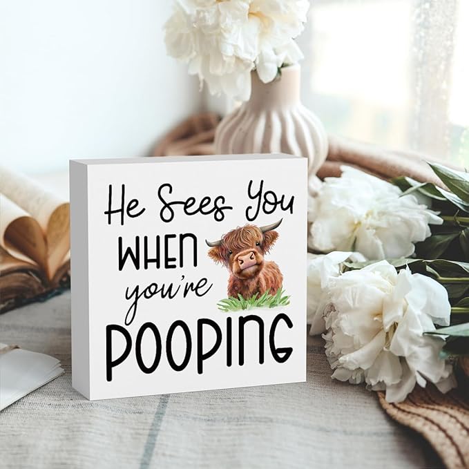Funny Highland Cow Bathroom Decor Are You Pooping Sign Highland Cow Gifts for Women Highland Cow Nursery Decor, Wooden Box Decor Sign for Home Farmhouse Office Living Room Table Shelf Tiered-Ruum Studio Home