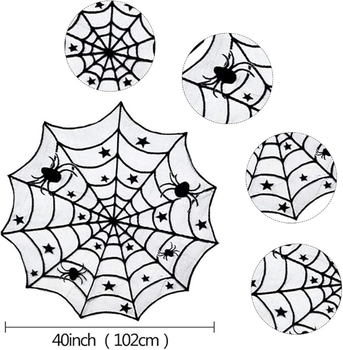 Hommtina 4 Pack Halloween Decorations Tablecloth Runner Black Lace Round Spider Cobweb Table Cover Fireplace Mantel Scarf Spiderweb with 60 Pcs 3D PVC Scary Black Bat Sticker Halloween Party Supplies-Ruum Studio Home