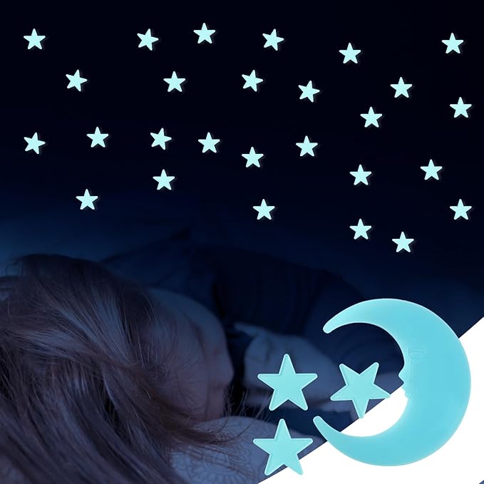 100 Stars and 1 Moon Glow in The Dark Luminous Fluorescent 3D Plastic Glow Stars Moon for Ceiling, Glowing Wall Stickers Create a Realistic Starry Sky, Room Decorations (Blue)-Ruum Studio Home