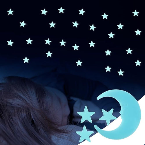 100 Stars and 1 Moon Glow in The Dark Luminous Fluorescent 3D Plastic Glow Stars Moon for Ceiling, Glowing Wall Stickers Create a Realistic Starry Sky, Room Decorations (Blue)-Ruum Studio Home