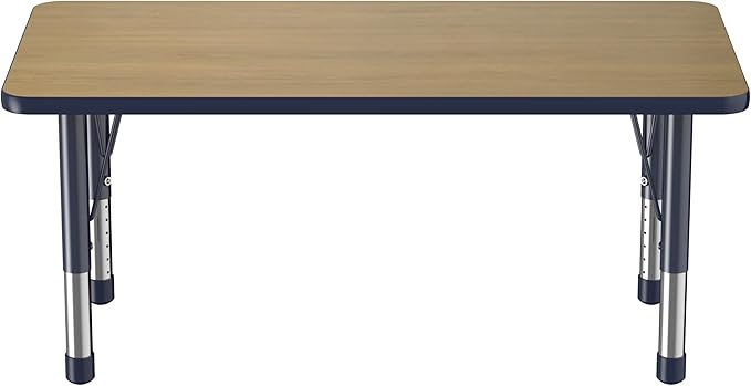 FDP Rectangle (24 x 48 inch) Classroom Table with Adjustable Chunky Toddler Legs (15-24 in); Preschool, Kinder and Daycare Furniture - Pasadena Oak Top/Navy Edge and Legs-Ruum Studio Home