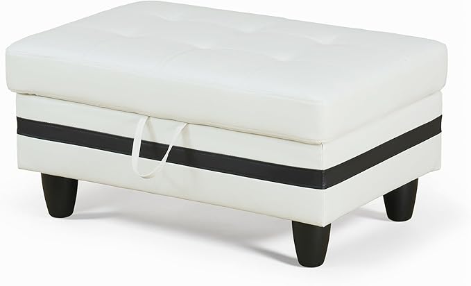 Ottoman Rectangular Storage Ottoman Bench, Faux Leather Footrest, Coffee Table, Stool Footstool with Hinged Lid for Living Room, Bedroom, Entryway, White with Black Strip, 35"x23.5"x17.5"-Ruum Studio Home