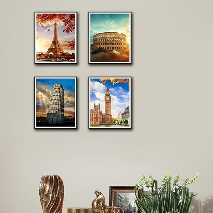 Boho Wall Art Decor, London, Tower of Pisa, Paris, Eiffel Tower,Roman Colosseum,City Wall Decor Art ,Modern Landscape Wall Art for Living Room Bedroom Prints Poster ,8x10 Inch Set of 4,Unframed-Ruum Studio Home