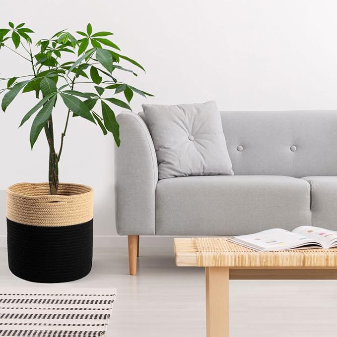 Woven Cotton Rope Plant Basket for 10" Flower Pot Floor Indoor Planters Flower Pot, Home Decor Storage Organizer H11 x W11 Black&Brown-Ruum Studio Home