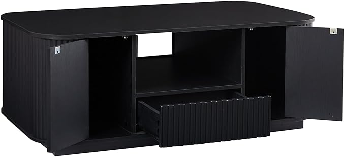 46.5" Oval Coffee Table with Drawers and Storage Mid Century Modern Fluted Solid Wood Side Coffee Tables, Luxury Tea Table Center Table for Living Rooms Offices Apartmen, Black-Ruum Studio Home