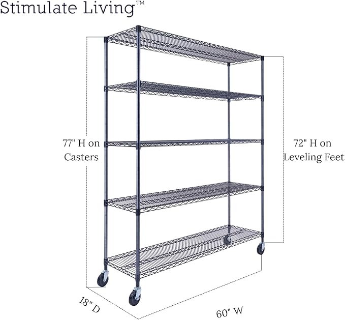 60"x18"x72" Prime Heavy Duty Black 5-Tier Wire Shelving NSF 4000 LBS MAX Capacity Storage Rack for Commercial, Hospital, School, Garage, and Kitchen Uses (with Wheels)-Ruum Studio Home