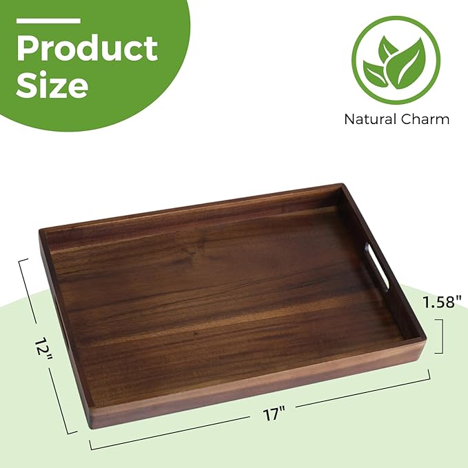 Acacia Wood Serving Tray with Handles, 17 Inch Wooden Tray for Ottoman, Breakfast, Lunch, Dinner, Decorative Rectangular Tray for Living Room, Kitchen Counter, Outdoor-Ruum Studio Home