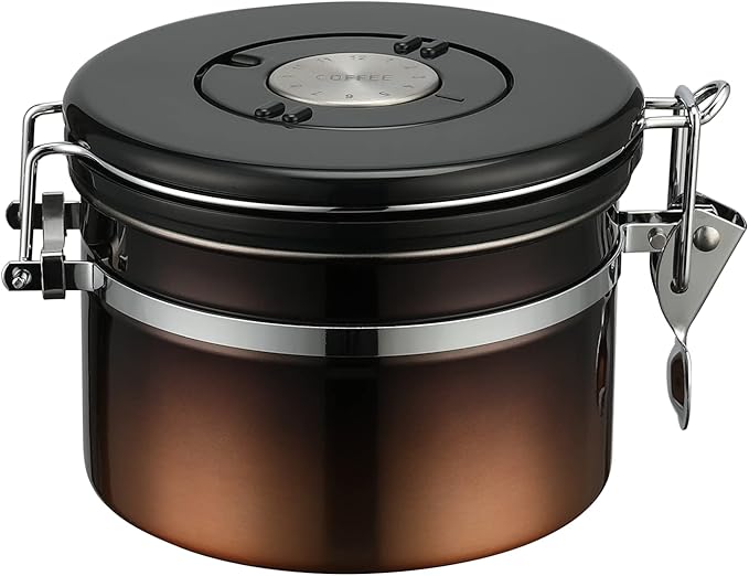 malmo Coffee Canister, Airtight Coffee Container with Date Tracker Lid, Stainless Steel Canister for Kitchen Food Storage (Black-Copper, 9oz)-Ruum Studio Home