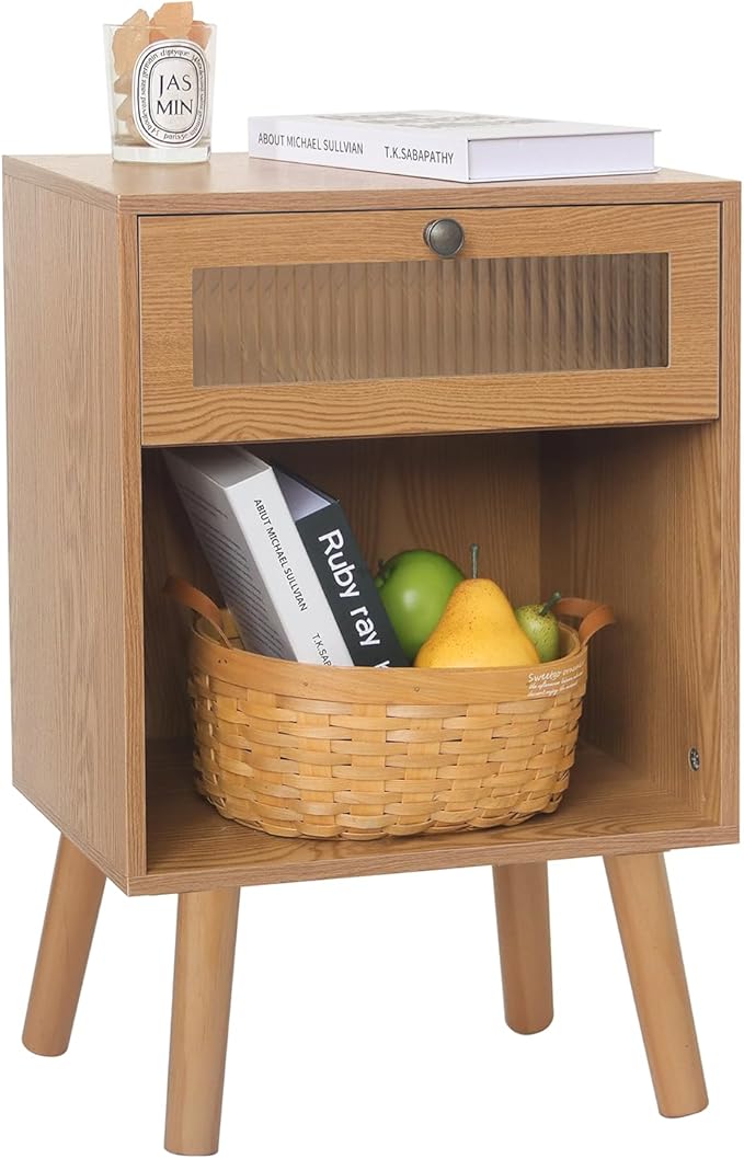AWASEN Mid Century Nightstand, Bedside Table with Glass Storage Drawer and Large Open Shelf, Modern Night Stand Side End Table with Solid Legs for Bedroom, and Small Space, Brown-Ruum Studio Home