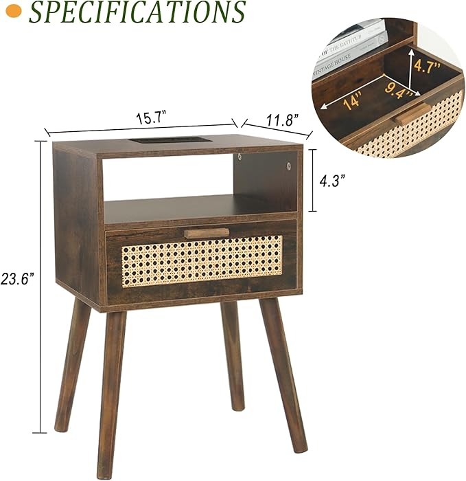 MaxSmeo Small Nightstand with Charging Station, Rattan Side Table Mid Century Modern Bedside Table for Bedroom, Living Room and Small Spaces, Solid Wood Legs (Rustic Brown)-Ruum Studio Home
