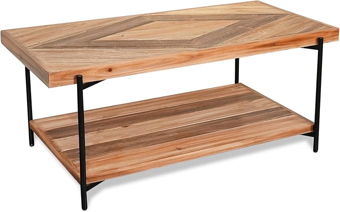 CONSDAN StoneCreek Coffee Table, Solid Fir Wood & Metal Frame, 2-Tier Industrial Farmhouse Table for Living Room/Office, 44" Rectangular Table-Ruum Studio Home