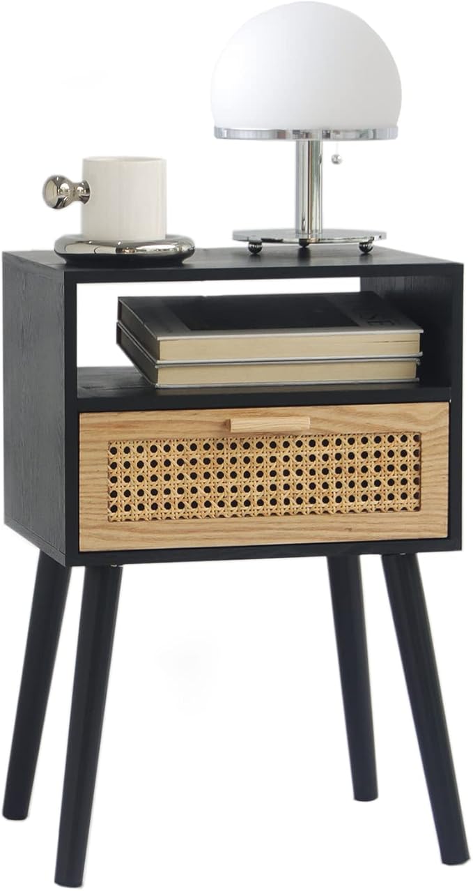 MaxSmeo End Table with Storage Mid Century Nightstand with Rattan Drawer and Shelf, Wood Small Side Coffee Table for Small Space, Living Room and Bedroom, Easy Assembly (Black)-Ruum Studio Home
