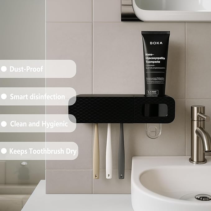 Smart Toothbrush Holder for Bathrooms, Toothbrush Cleaner Wall Mounted, Automatic Toothpaste Dispenser for Equipped with 3 Slots (Black)-Ruum Studio Home
