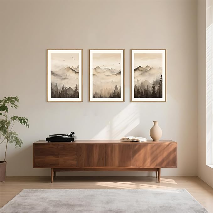 Celestdeco Nature Misty Forest Framed Canvas Wall Art Set, Foggy Landscape Wall Decor, Watercolor Pine Tree Wall Painting, Large Mountains Art Print for Living Room, Bedroom, Office - 16"X24"X3-Ruum Studio Home