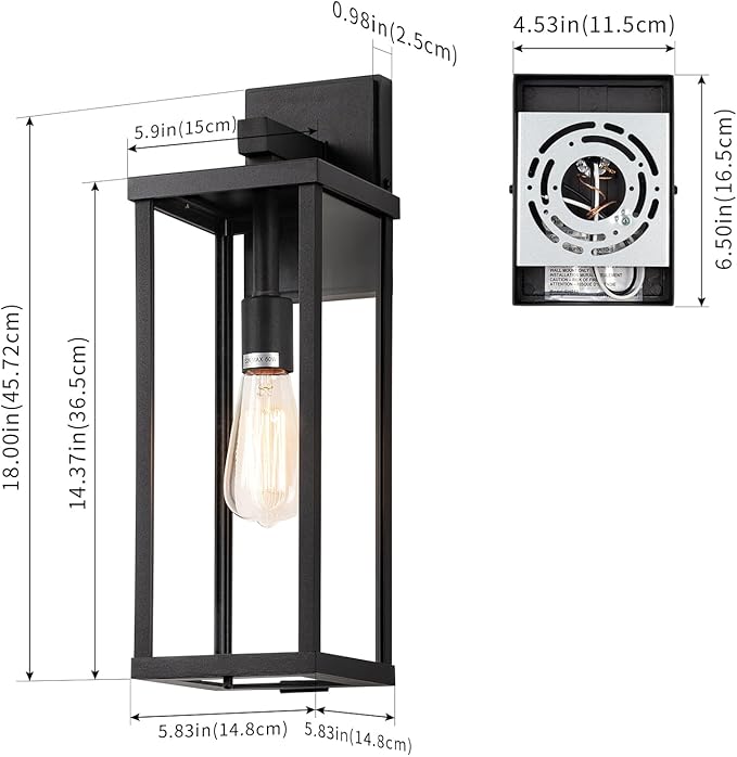mirrea 18" Classic Outdoor Wall Sconce 1 Light in Matte Black Rectangular Metal Frame and Clear Glass Shade Waterproof Porch Light Patio Light Pack of 2-Ruum Studio Home