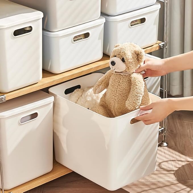 4 pack large plastic White storage bins Baskets, Toy Box Chest with Lids and Handle，Organizer Containers for Baby，Kids,snacks,Nursery，Shelves，Playroom, Bedroom，Office,Closet，home-Ruum Studio Home