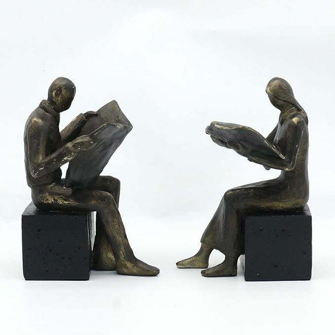 Lukitas Decorative Newspaper Reader Bookends, Heavy Duty Book Holder Non-Slip, Vintage Home Décor Accessories for Study Office Bookshelf, Bronze, Resin, 1Pair/2Piece-Ruum Studio Home