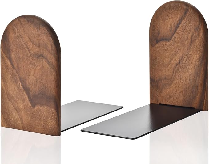 Book Ends, Sturdy Wooden Bookends for Shelves - Heavy Duty Non-Slip Book Organizers, Decorative Bookend Holders for Home Office, Library, Black Walnut Universal Economy Bookend, Small, 1 Pair-Ruum Studio Home