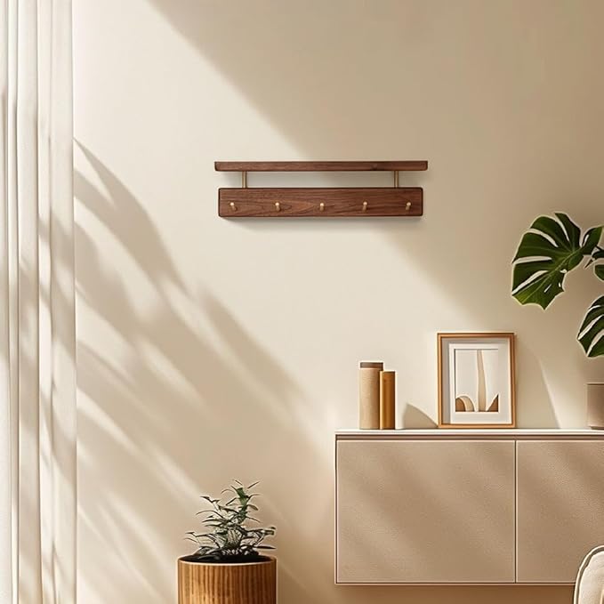 Shelf with Hooks, Solid Wood Bedroom Shelves for Wall, Wooden Coat Rack Wall Mount for Bathroom, Kitchen, Door Entryway (Walnut, 30cm/11.81inch)-Ruum Studio Home