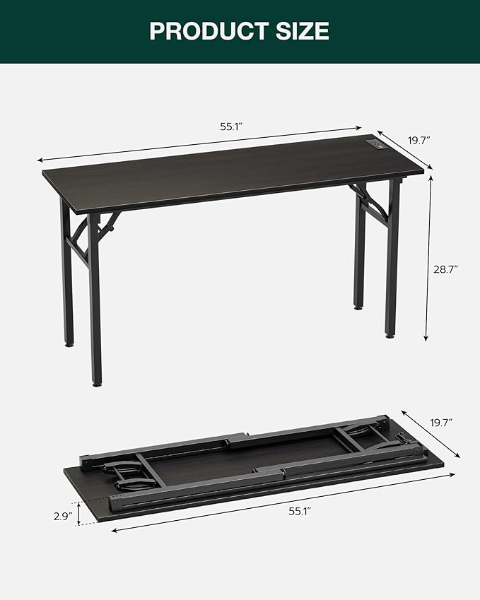 Frylr Small Folding Computer Desk – 55.1 Inch Portable Table for Craft and Study, Lightweight Desk for Small Spaces, Foldable Laptop Table Built-in AC/USB Outlets for Convenience, Charcoal Wenge-Ruum Studio Home