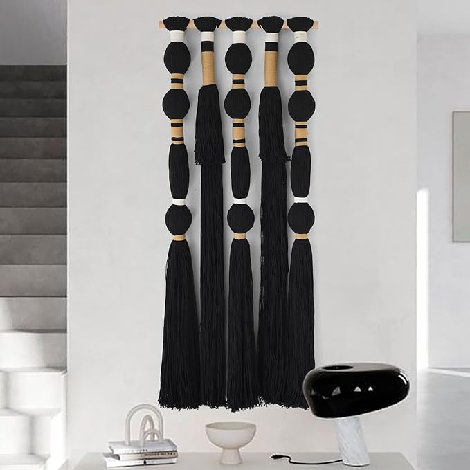 Macrame Wall Hanging Black Sphericity Cotton Tassels Textile Hanging Geometric Yarn Wall Art for Bedroom Living Room Decor 15.7" W x 39" L-Ruum Studio Home