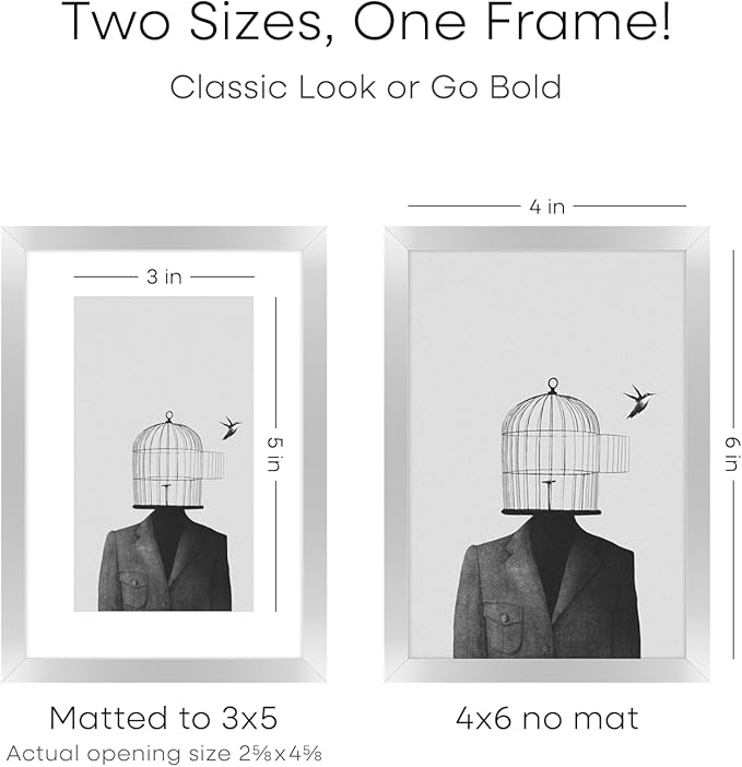 Homeforia 4x6 Picture Frame Silver, High End Metal 4 x 6 Silver Frames with Mat 3 x 5 Print, 4by6 Desk Frame Matted to 3x5 inch Photo, 4 by 6 Wall or Tabletop Frame, Tempered Glass, Wall Kit, Set of 1-Ruum Studio Home