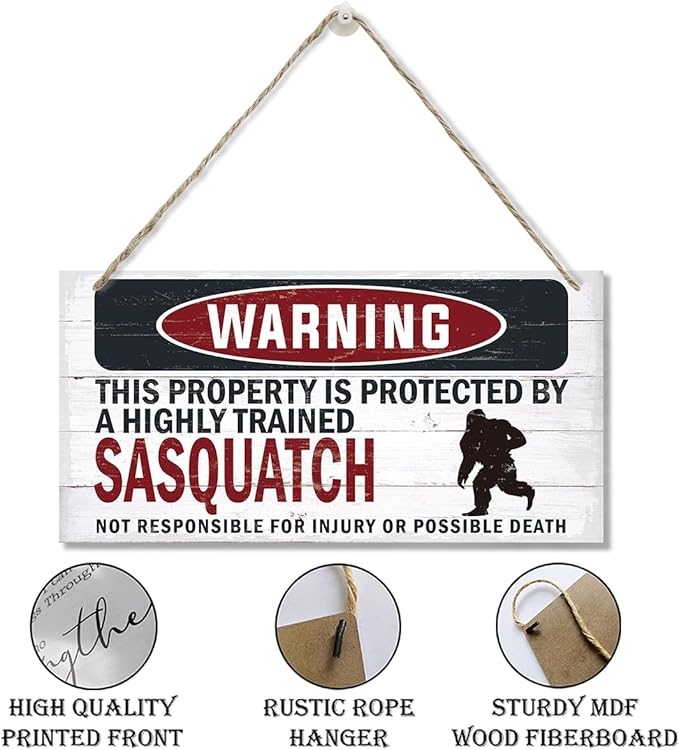 Warning Sign, Sasquatch Warning Wood Plaque Sign, Funny Door Signs, Decorative Wood Hanging Suspension Plaque, Farmhouse Wooden Wall Decor, Outdoor Hanging Wooden Signs-Ruum Studio Home