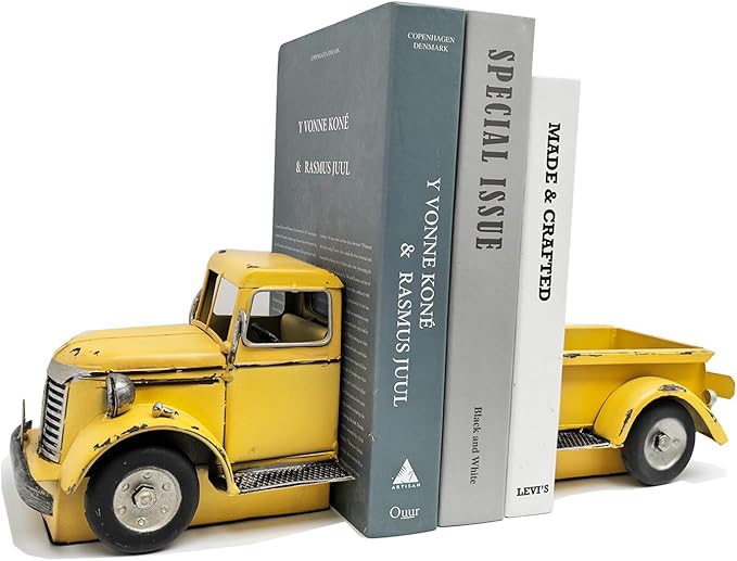 Decorative Book Ends Vintage Bookends: Metal Truck Book Stopper for Kid Books for Grandson Men Teen - Farmhouse Decor for Bookcase Shelf Table Coffee Bar Office Home Yellow-Ruum Studio Home
