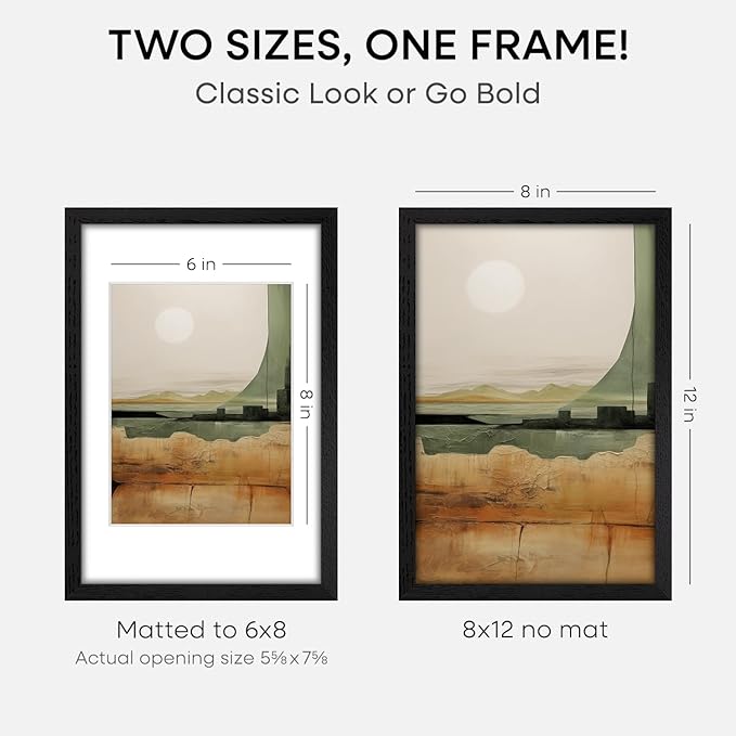 Homeforia 8x12 Black Picture Frame, High End Oak 8 x 12 Wood Frames with Mat 6 by 8 Print, 8by12 Wooden Frame Matted to 6x8 inch Photo, 12x8 Wall or Tabletop Frames, Tempered Glass, Wall Kit, Set of 1-Ruum Studio Home
