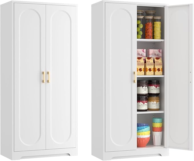 60" Tall Kitchen Pantry Cabinet, Metal Pantry Cabinet with Doors and Adjustable Shelves, White Utility Storage Cabinet with Handles for Dining Room, Bathroom, Laundry Room - Assemble Required-Ruum Studio Home