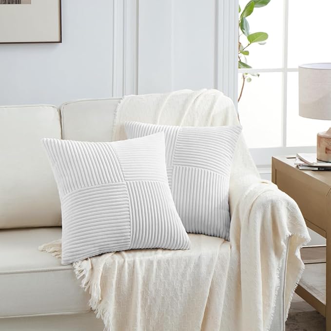Fancy Homi 2 Packs White Euro Decorative Throw Pillow Covers 26x26 Inch for Living Room Couch Bed, Rustic Farmhouse Boho Home Decor, Soft Corss Corduroy Patchwork Textured Square Cushion Case 66x66 cm-Ruum Studio Home