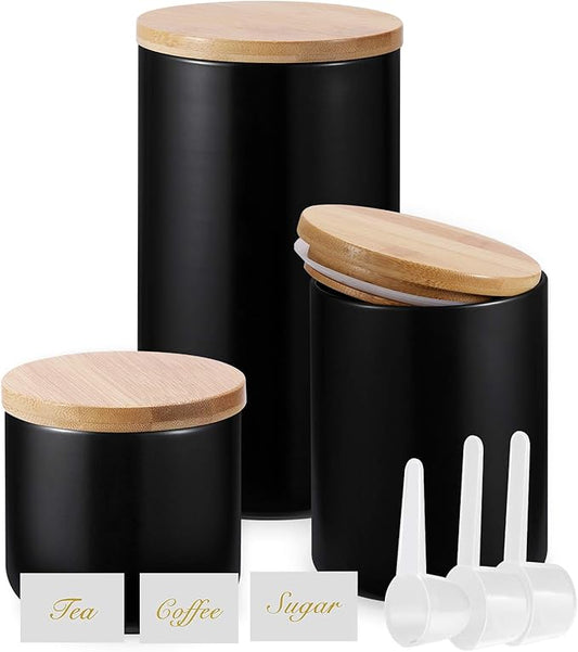 Yangbaga Black Canisters Sets for Kitchen-Set of 3 Coffee Canisters for Countertop with Airtight Wood Lids/Spoons/Stickers, Ceramic Food Storage Containers for Large Suger,Coffee,Tea (42/30/9OZ)-Ruum Studio Home