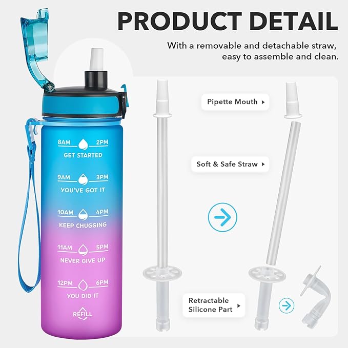 Enerbone Water Bottle, Leakproof BPA & Toxic Free, Motivational Water Bottle with Times to Drink and Straw, Fitness Sports Water Bottle with Strap for Office, Gym, Outdoor Sports-Ruum Studio Home