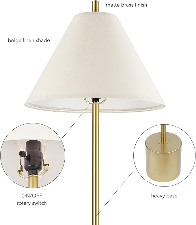 GLOBE Electric 61000060 60" Floor Lamp, Matte Brass Finish, Beige Linen Shade, Heavy Weighted Base, Rotary Switch on Shade, Modern Standing Light for Living Room, Home Office Accessories-Ruum Studio Home